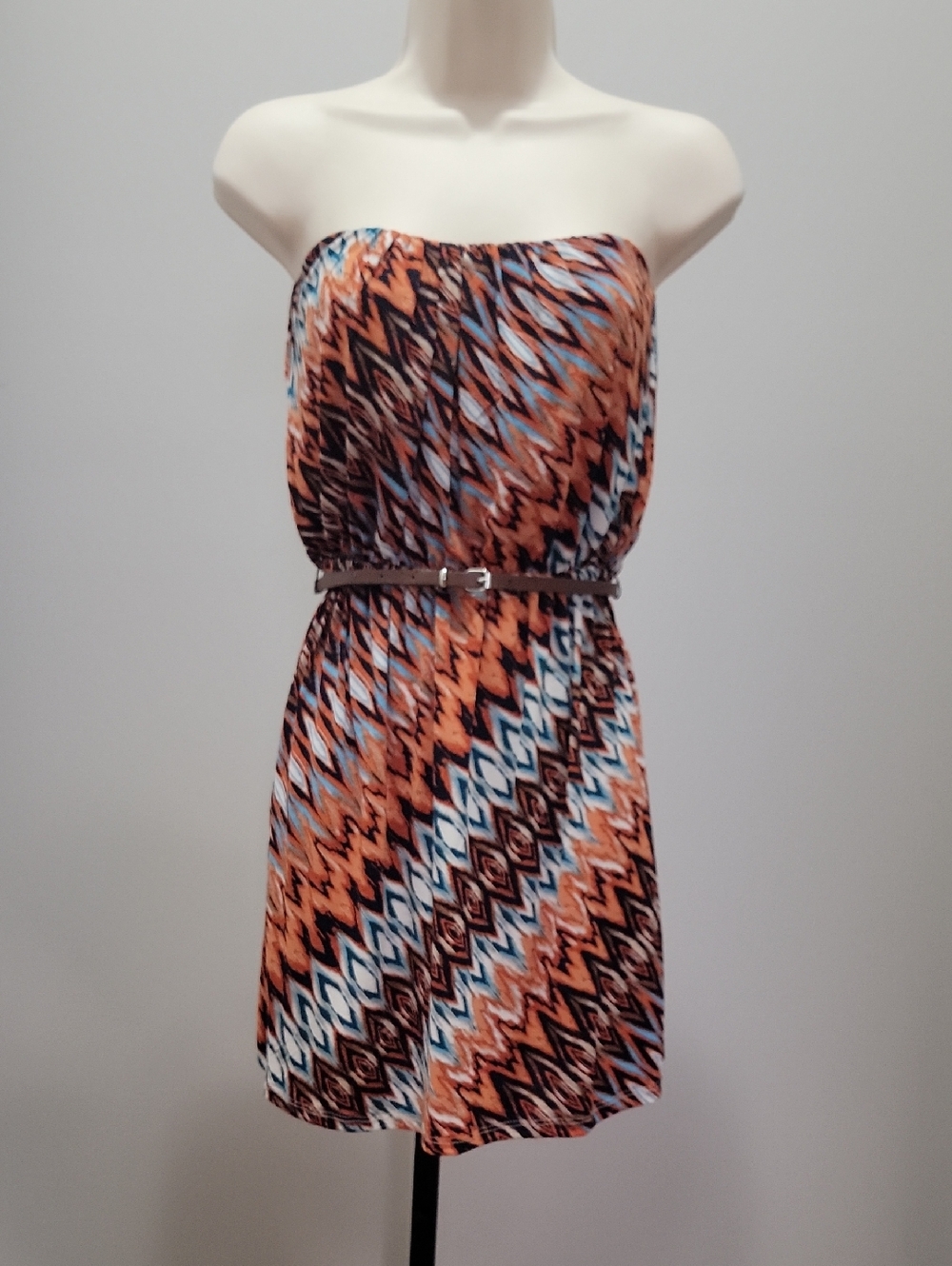 Strapless Tribal Print Summer Dress in Orange and Blue Sz XS